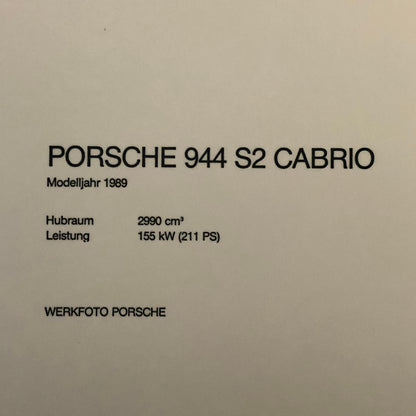 1989 Porsche 944 S2 Cabriolet Factory Press Photo Photograph Werkfoto