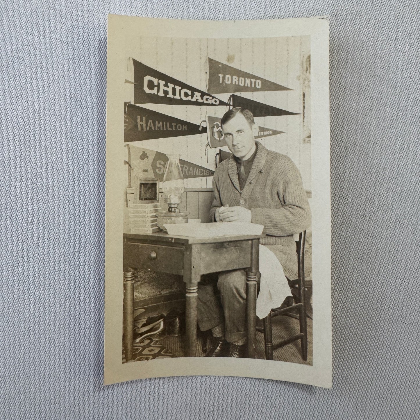 Vintage Photo Photograph Man with City Pennants Chicago Toronto Hamilton Sports