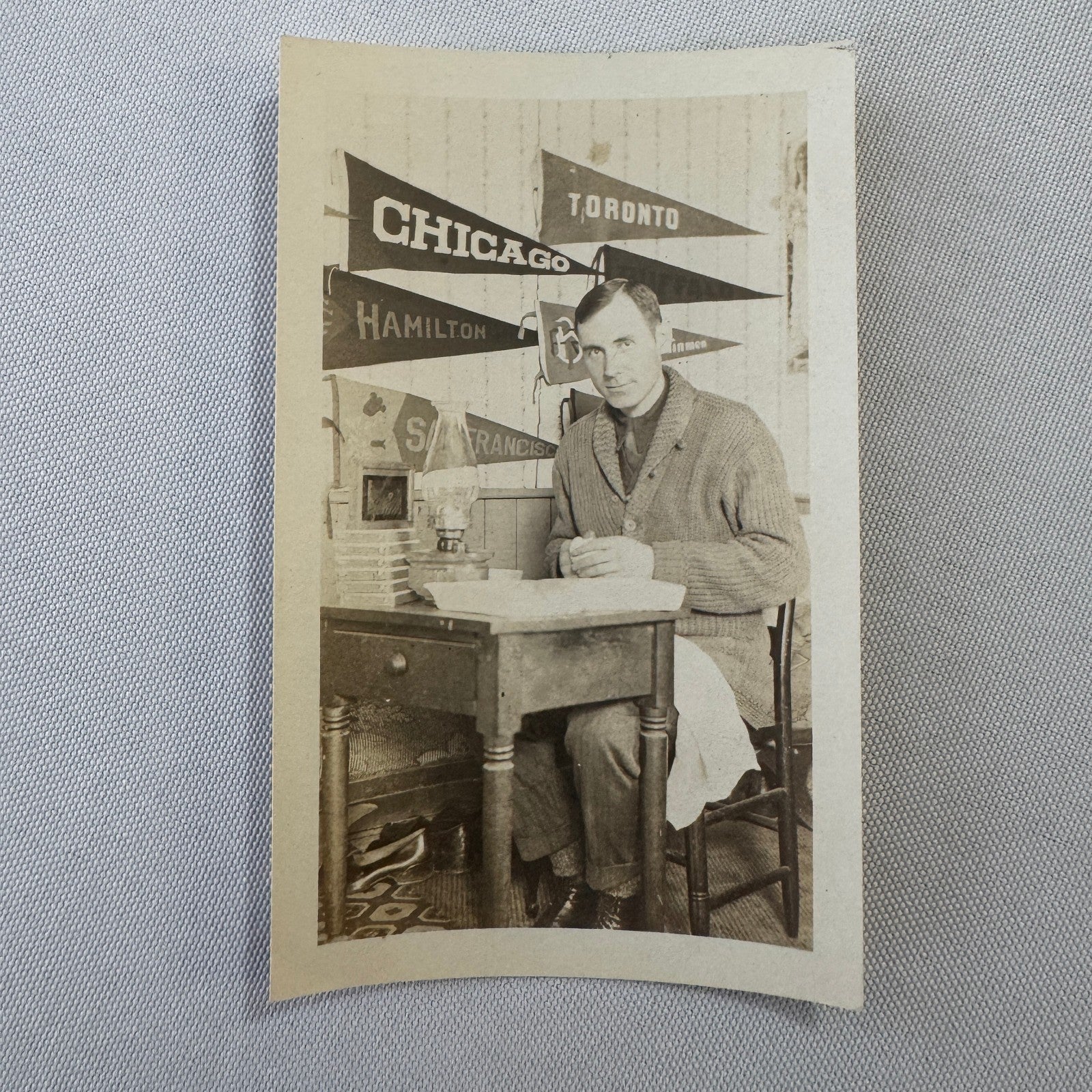 Vintage Photo Photograph Man with City Pennants Chicago Toronto Hamilton Sports