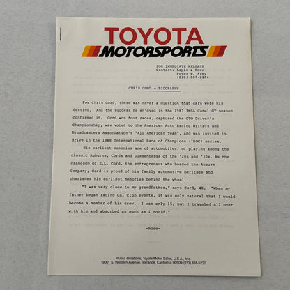 1988 Toyota Celica IMSA Racing Press Kit Photos Willy T Ribbs Chris Cord