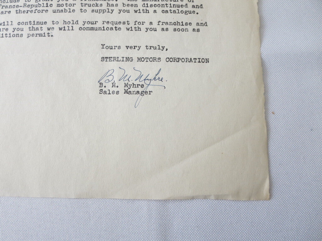 1946 Sterling Motor Truck Corporation Letter Letterhead Document 