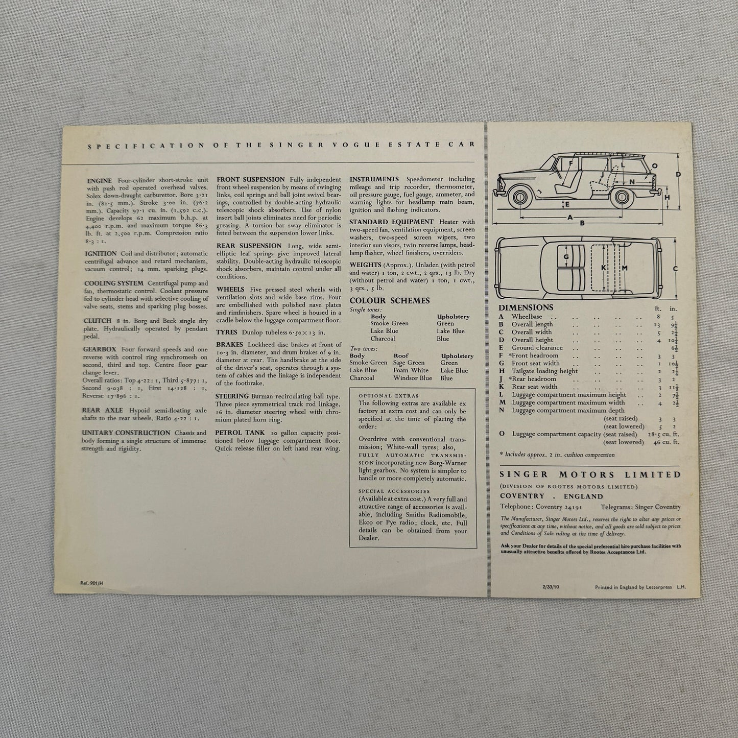 Singer Vogue Estate Car Station Wagon Sales Brochure Catalog Advertising Vintage