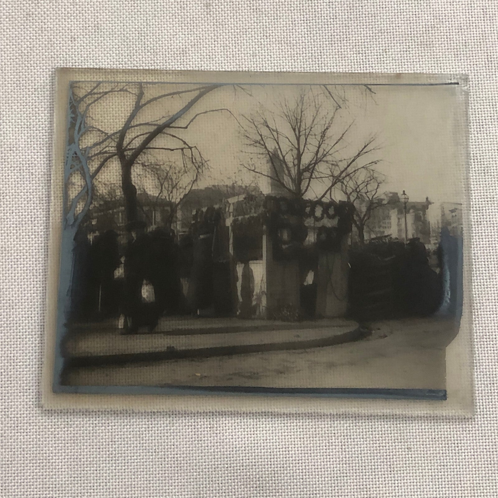 Antique Glass Plate Lantern Slide Photo People in Market with Plants Wreath