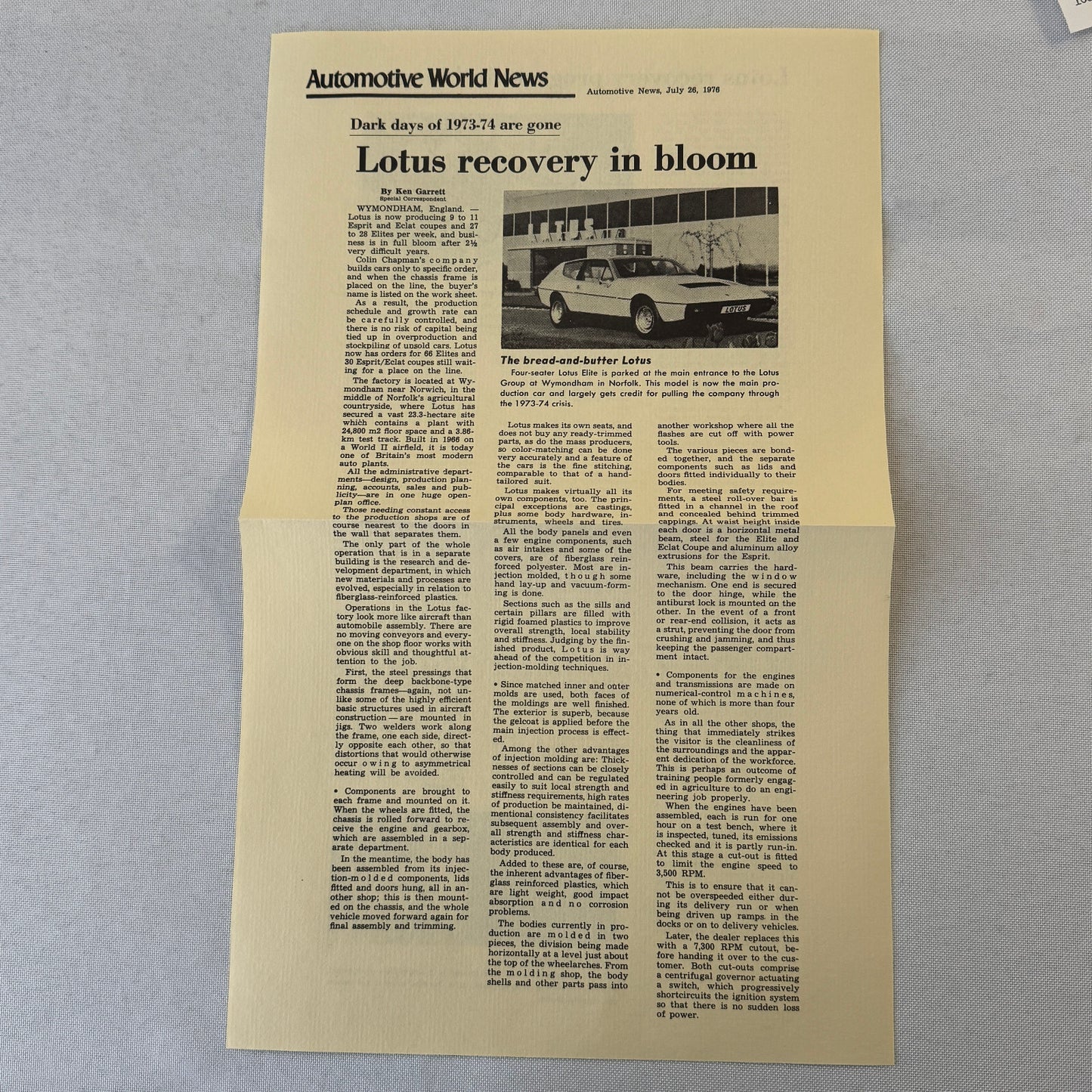 1976 Lotus Car Press Kit Brochure Photo Photograph Lotus Elite Lotus Esprit +