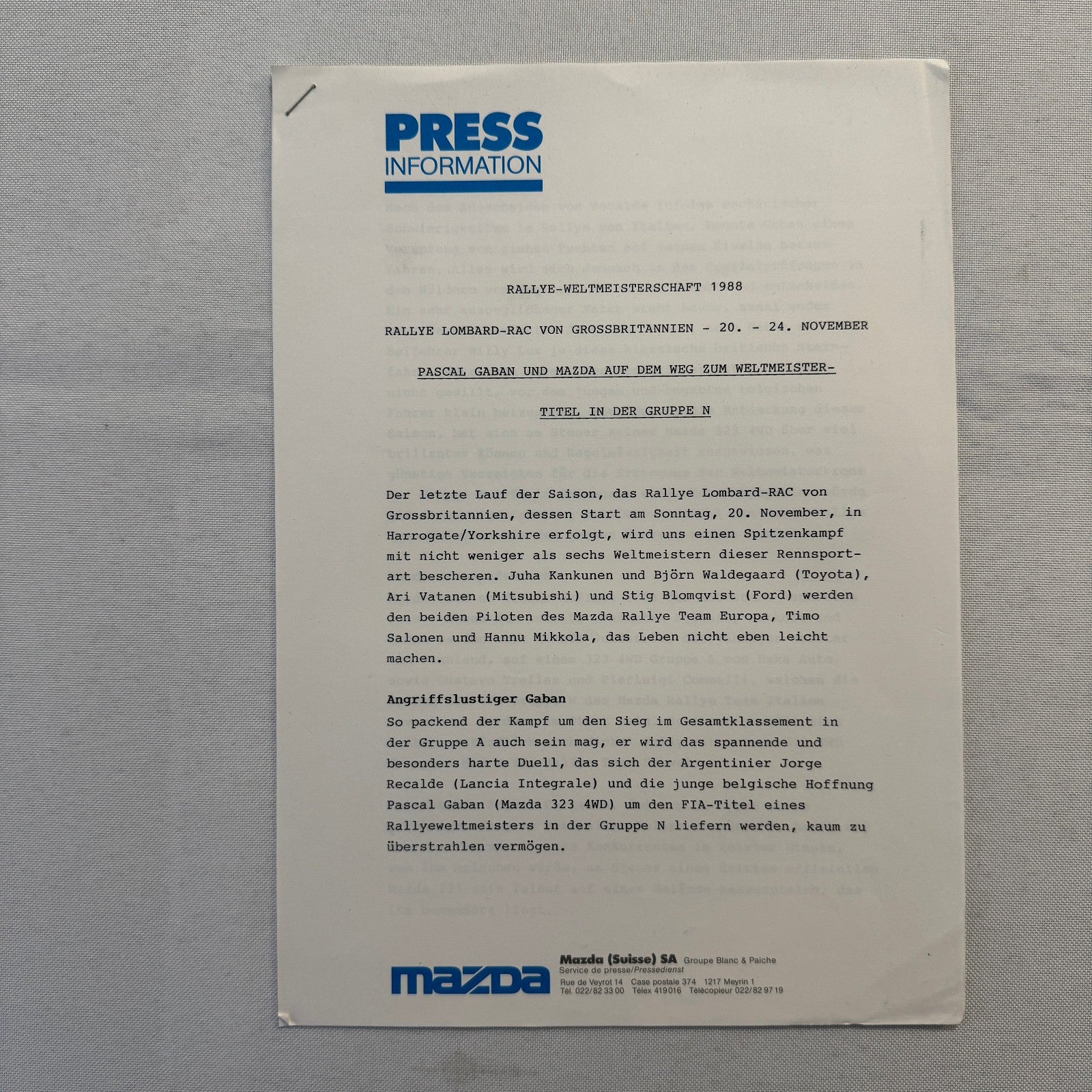 1988 Mazda Rallye Racing Press Release Document Lot 2x Mazda 323 German Text