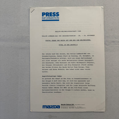 1988 Mazda Rallye Racing Press Release Document Lot 2x Mazda 323 German Text