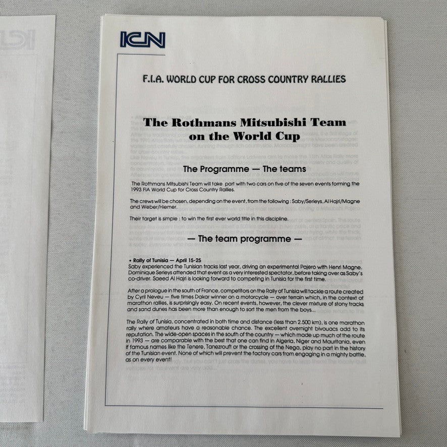 Rothmans Mitsubishi Pajero Rally Rallye Racing Press Kit 1993 FIA Cross Country