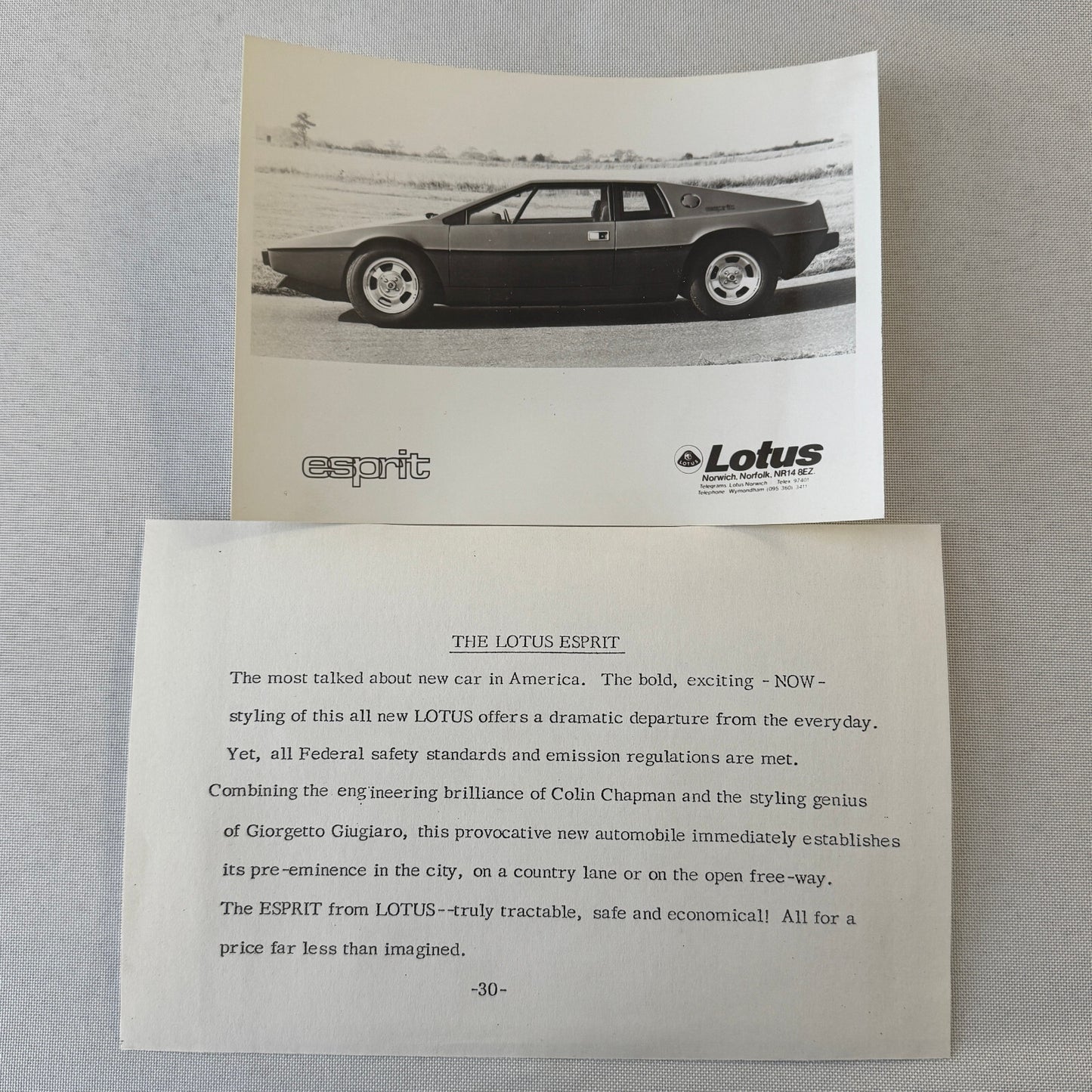 1976 Lotus Car Press Kit Brochure Photo Photograph Lotus Elite Lotus Esprit +