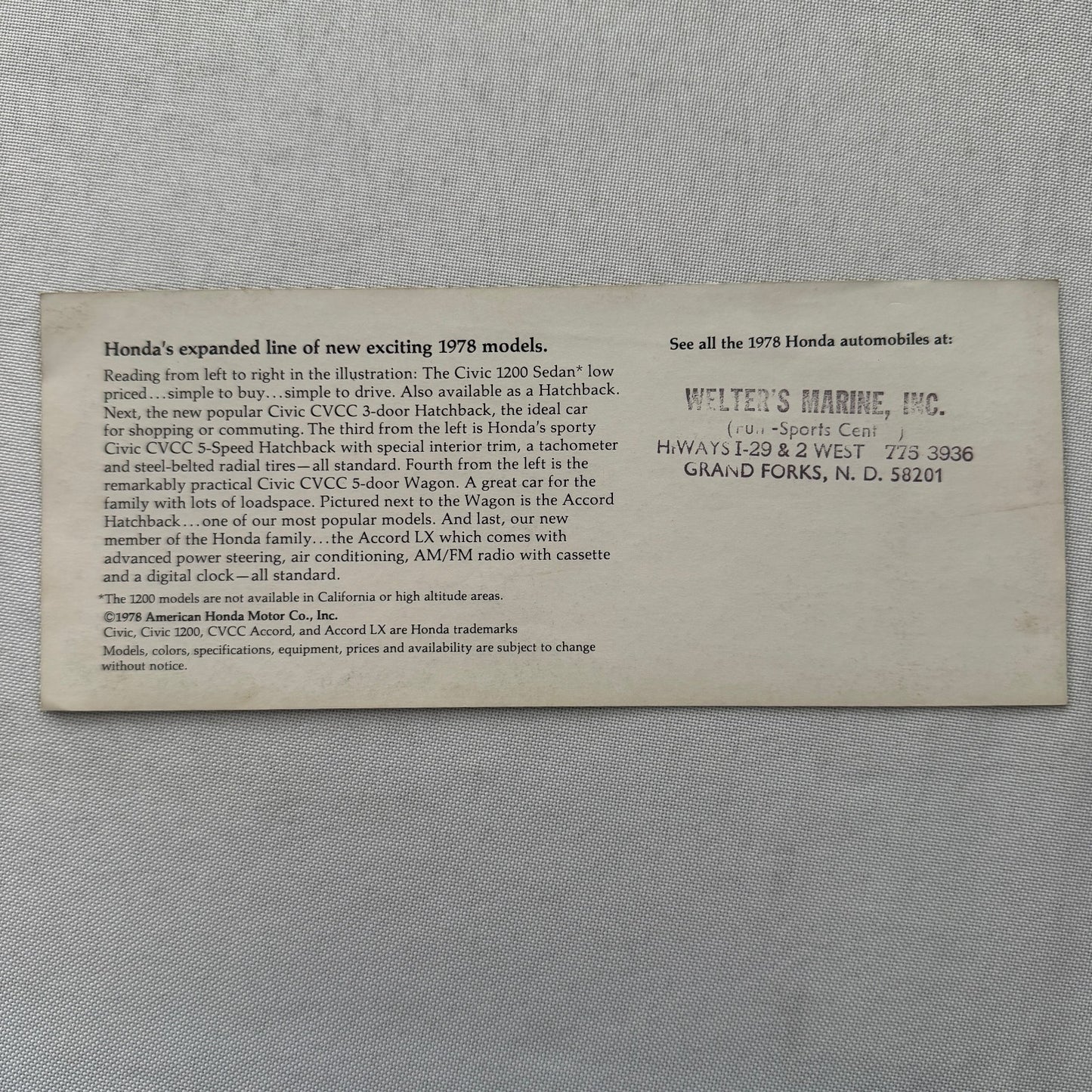 1978 Honda Advertising Sales Sheet Brochure Flyer Civic 1200 CVCC Hatchback +