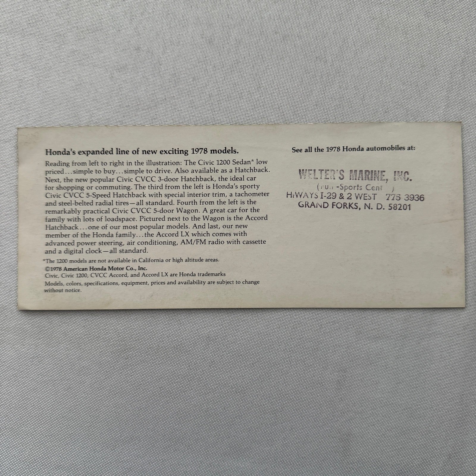 1978 Honda Advertising Sales Sheet Brochure Flyer Civic 1200 CVCC Hatchback +