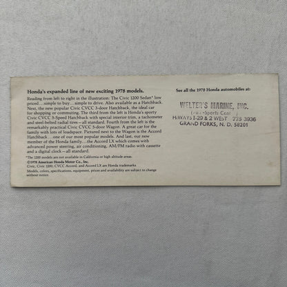1978 Honda Advertising Sales Sheet Brochure Flyer Civic 1200 CVCC Hatchback +