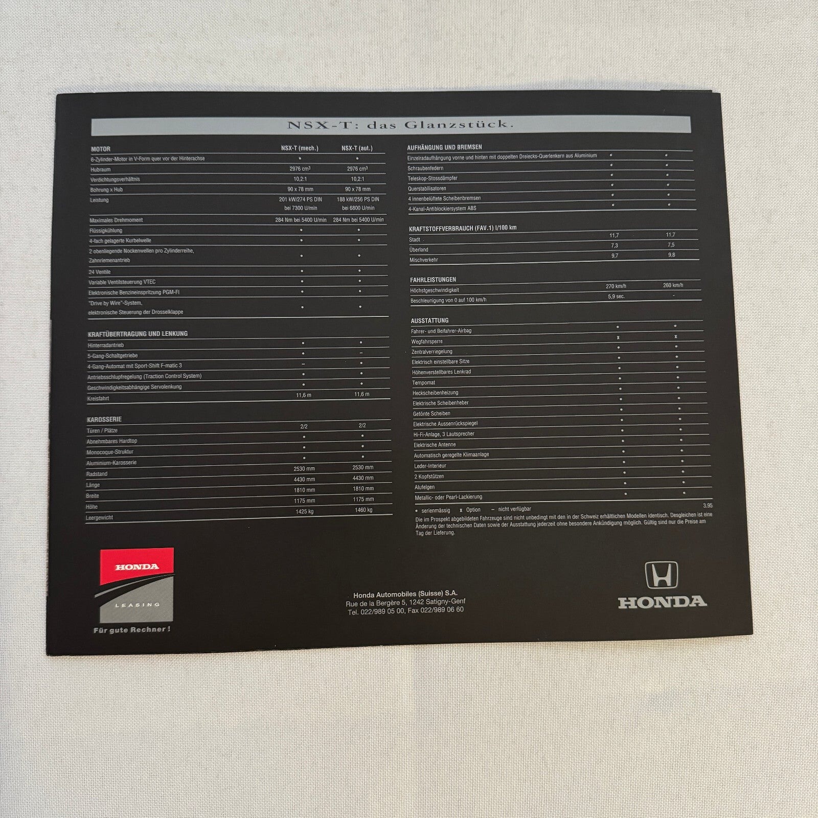 Honda NSX-T Car Sales Brochure Catalog Advertising GERMAN Text Acura NSX T NSXT