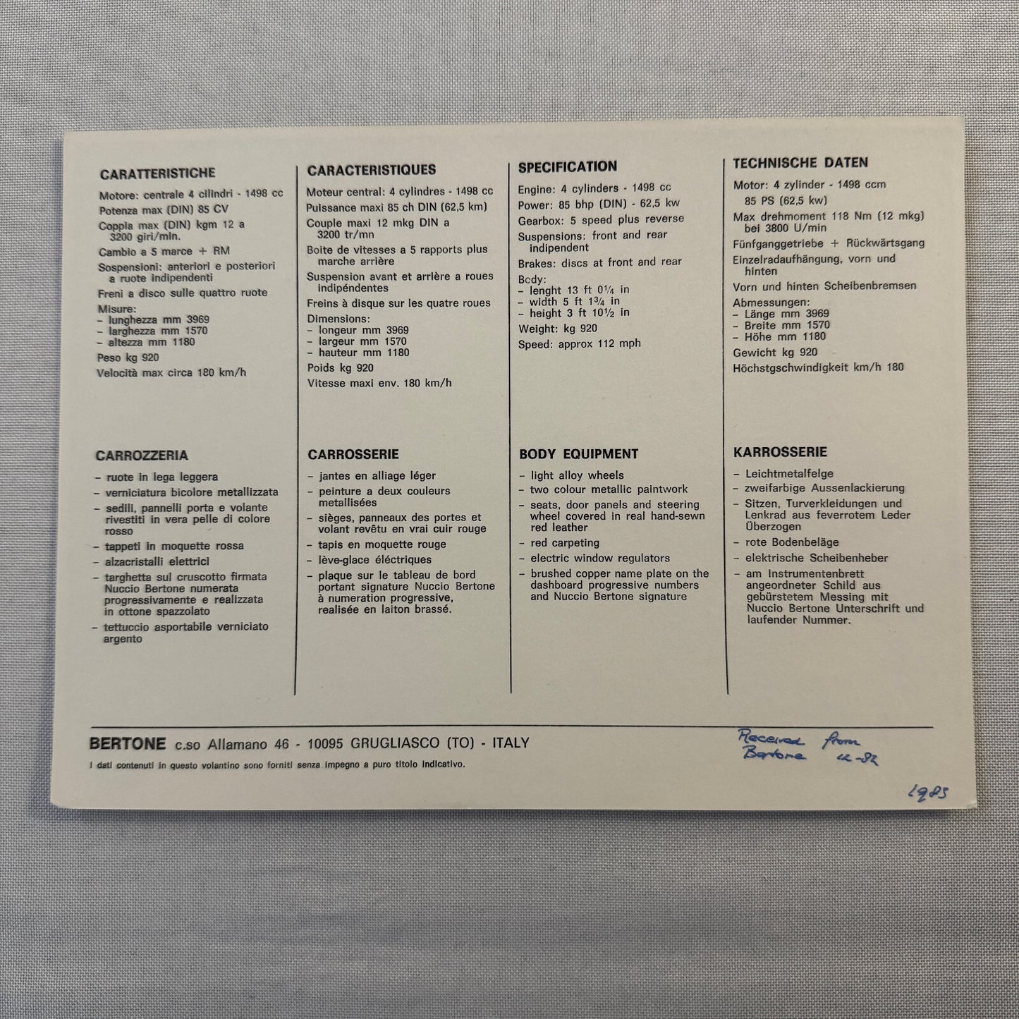 Bertone Fiat X1/9 Car Sales Sheet Brochure Advertising Fiat X19