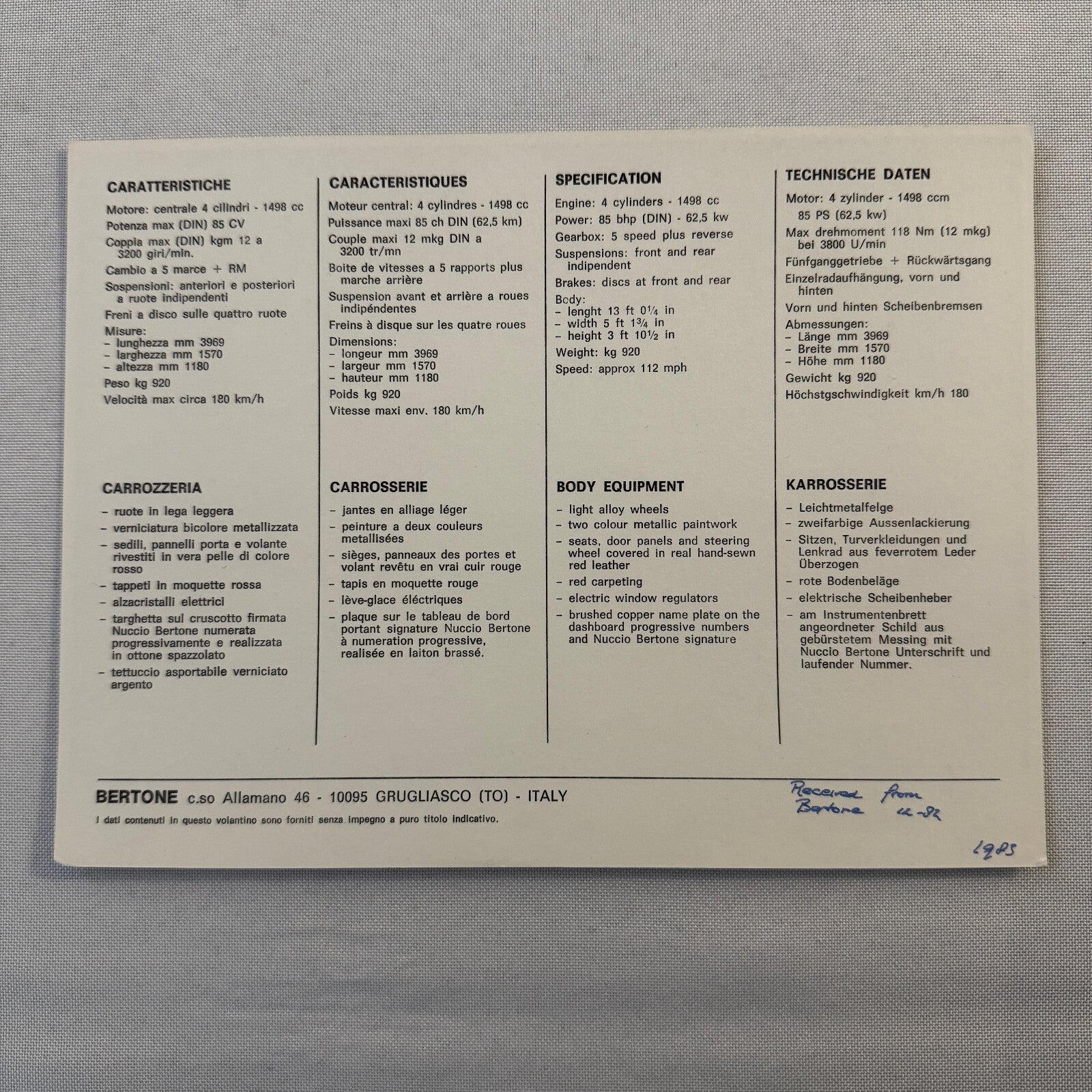 Bertone Fiat X1/9 Car Sales Sheet Brochure Advertising Fiat X19