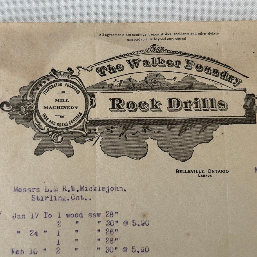 1916 Vintage Receipt Document The Walker Foundry Rock Drills Belleville Ontario