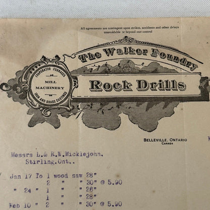 1916 Vintage Receipt Document The Walker Foundry Rock Drills Belleville Ontario