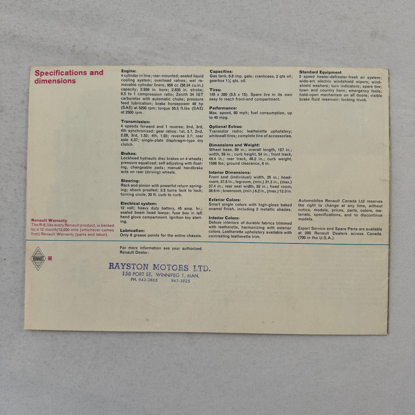 Renault R8 Car Sales Brochure Catalog Vintage Advertising Canadian