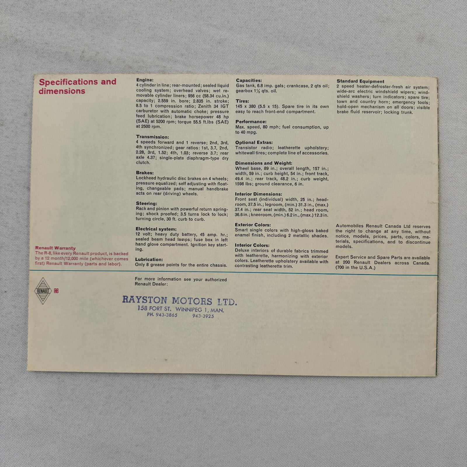 Renault R8 Car Sales Brochure Catalog Vintage Advertising Canadian