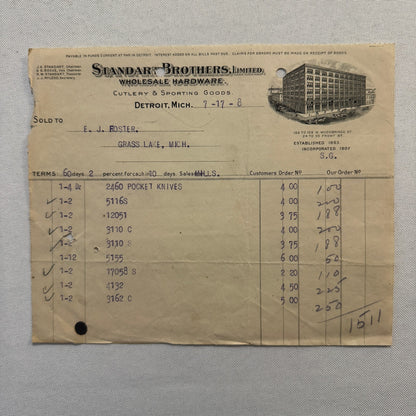 Standart Brothers Detroit Michigan Receipt Document Letterhead 1908 Lot 6x