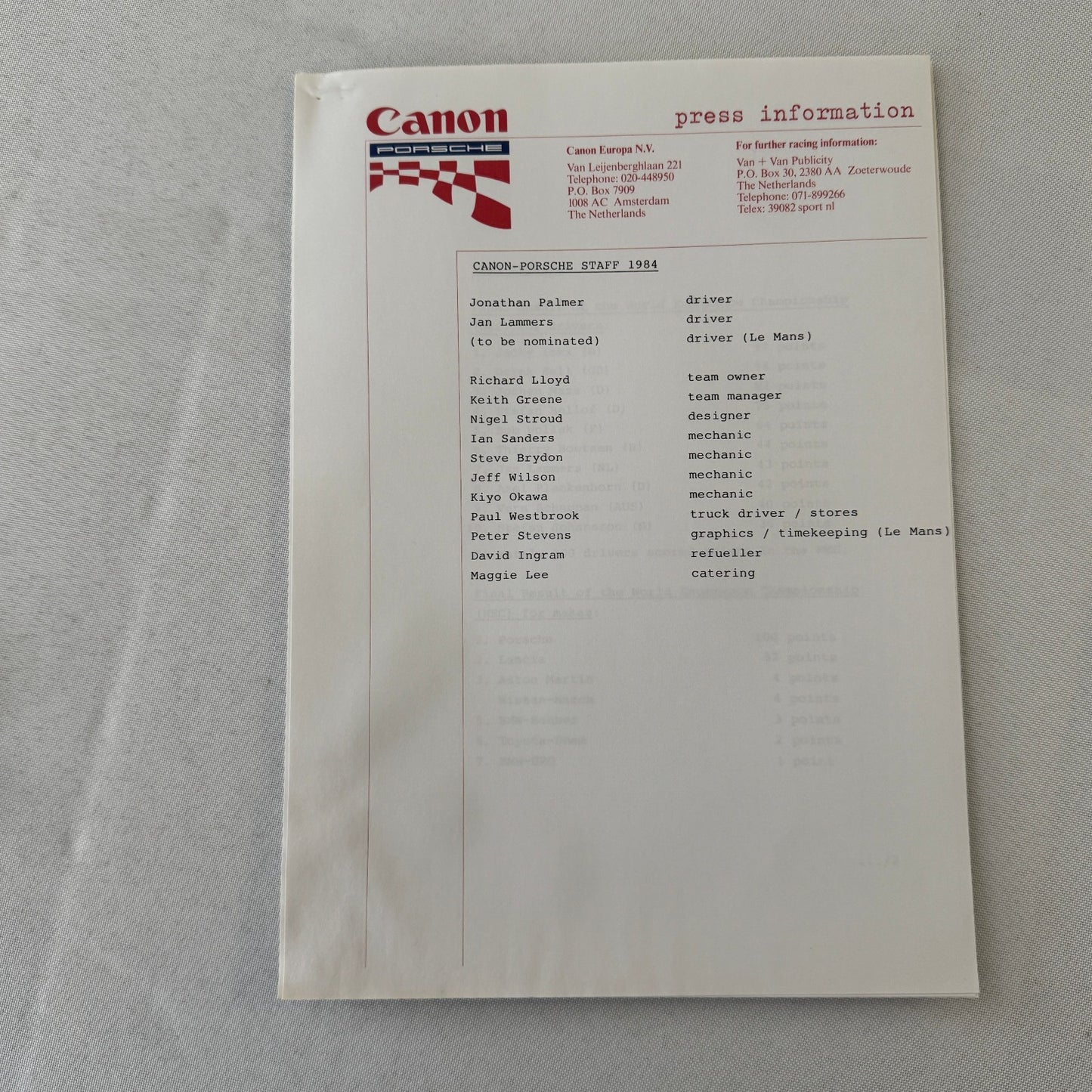 1984 Canon Porsche Racing Press Kit Photos Jan Lammers Jonathan Palmer