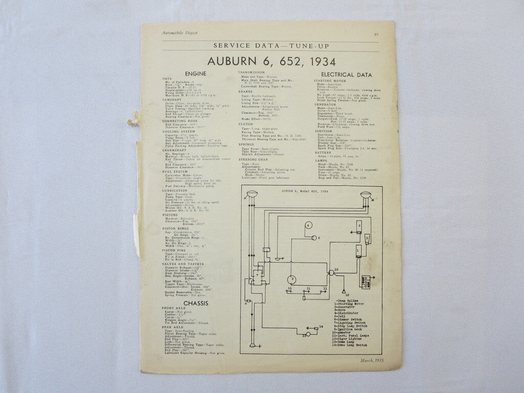 1934 Auburn 6 652 Technical Specification Sheet - Vintage Car 