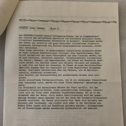 1982 Rinspeed Car Press Release Document Topaz Volkswagen Porsche 938 GERMAN
