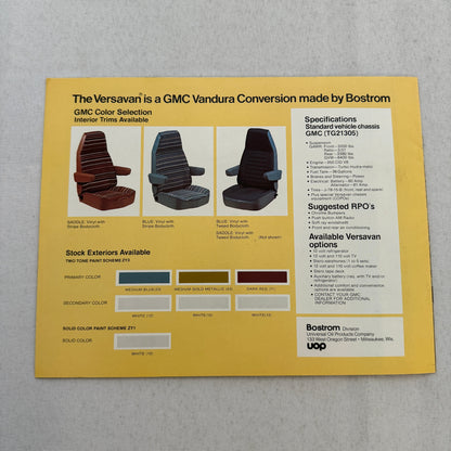 UOP Bostrom Versavan Vintage Conversion Van Sales Brochure Catalog GMC Vandura