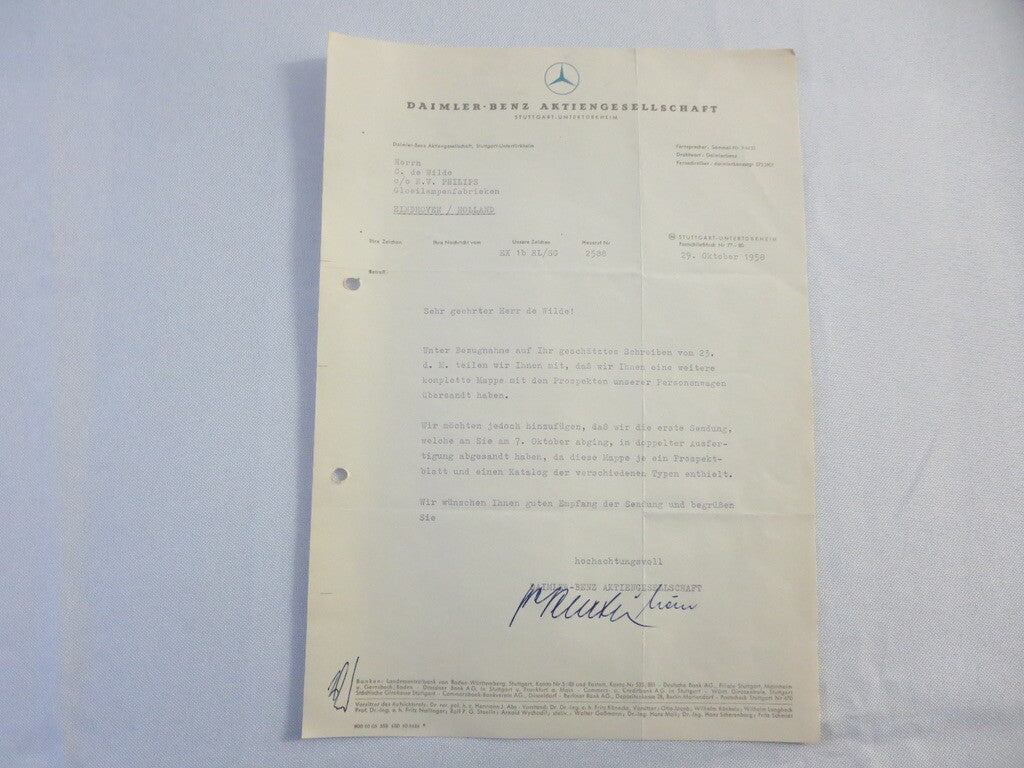 1958 Mercedes Benz Daimler Letter Letterhead Document - German Text 