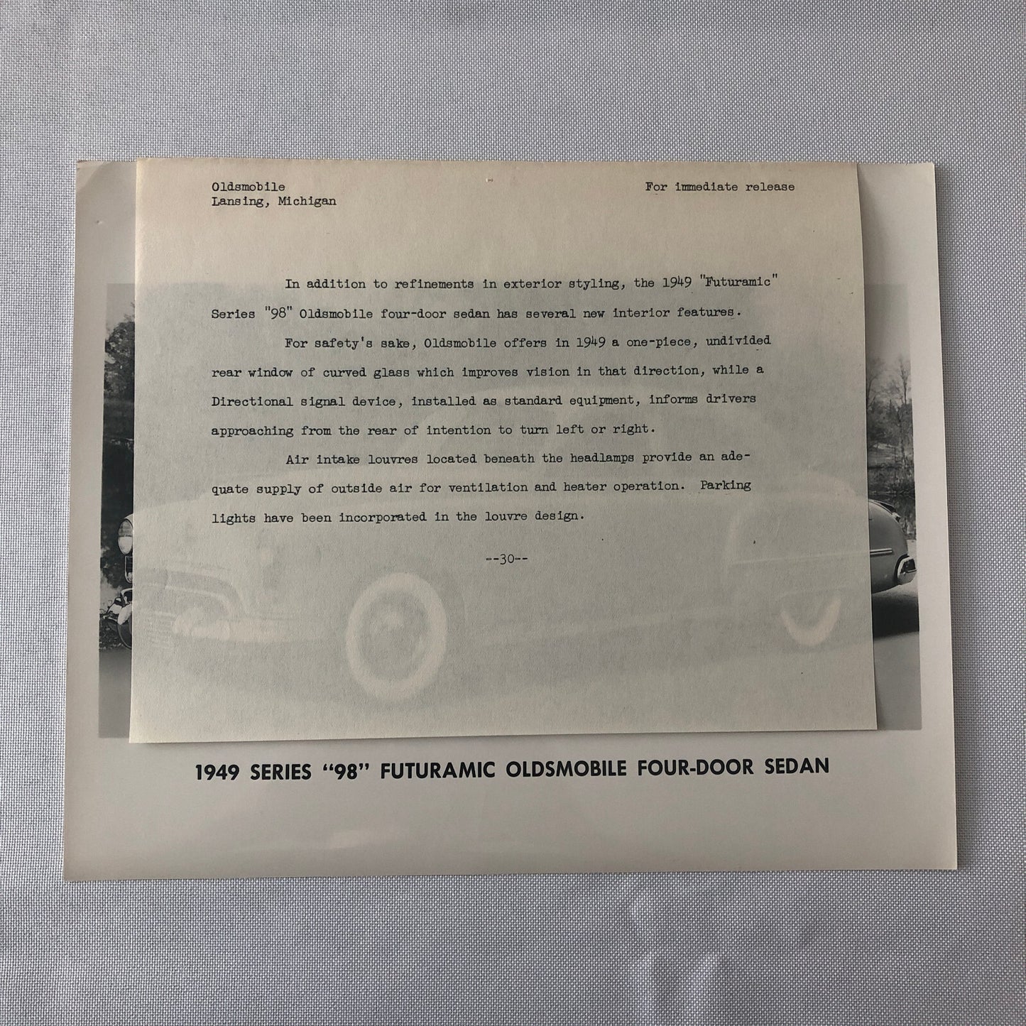 1949 Oldsmobile Series 98 Futuramic Sedan Factory Press Photo Photograph Print
