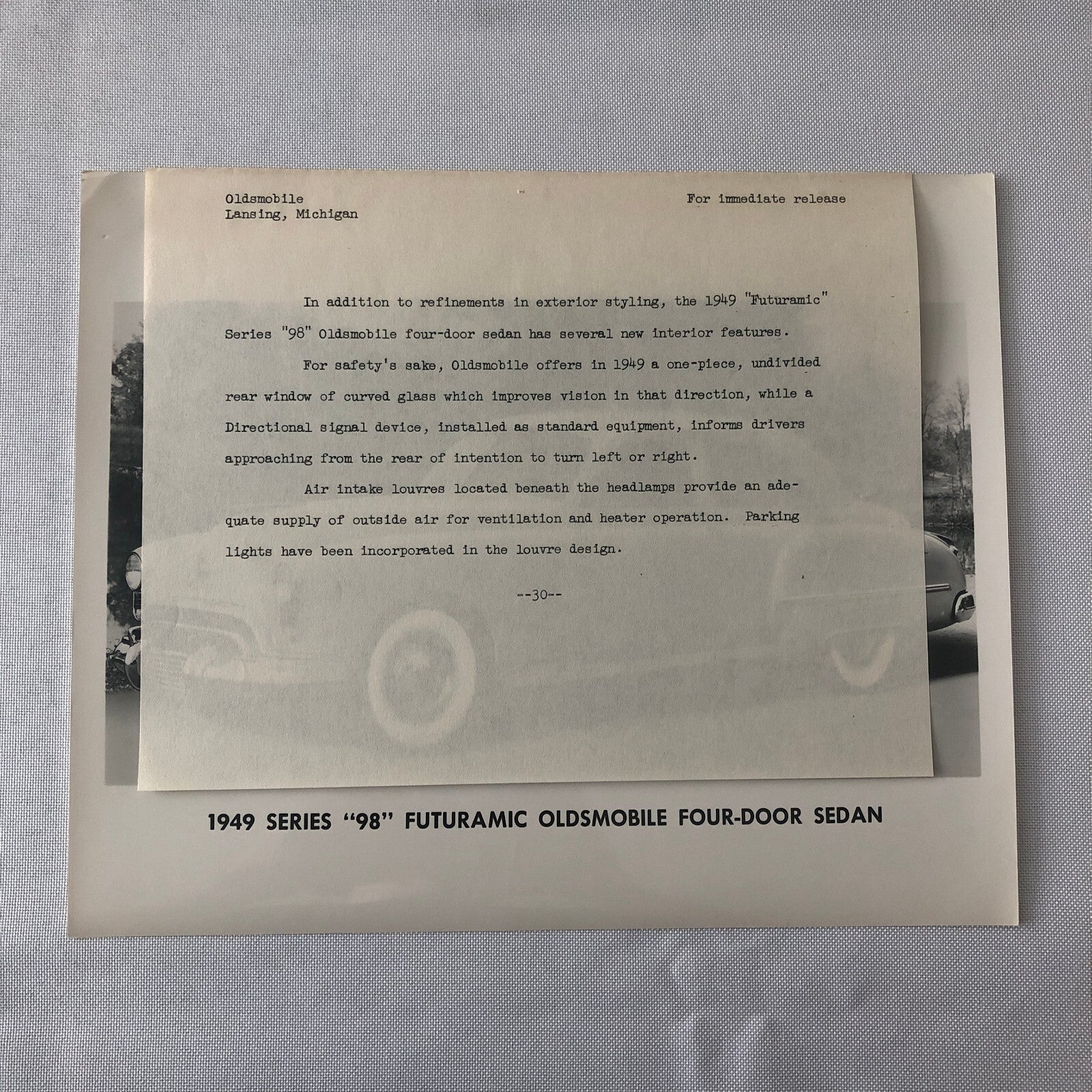 1949 Oldsmobile Series 98 Futuramic Sedan Factory Press Photo Photograph Print