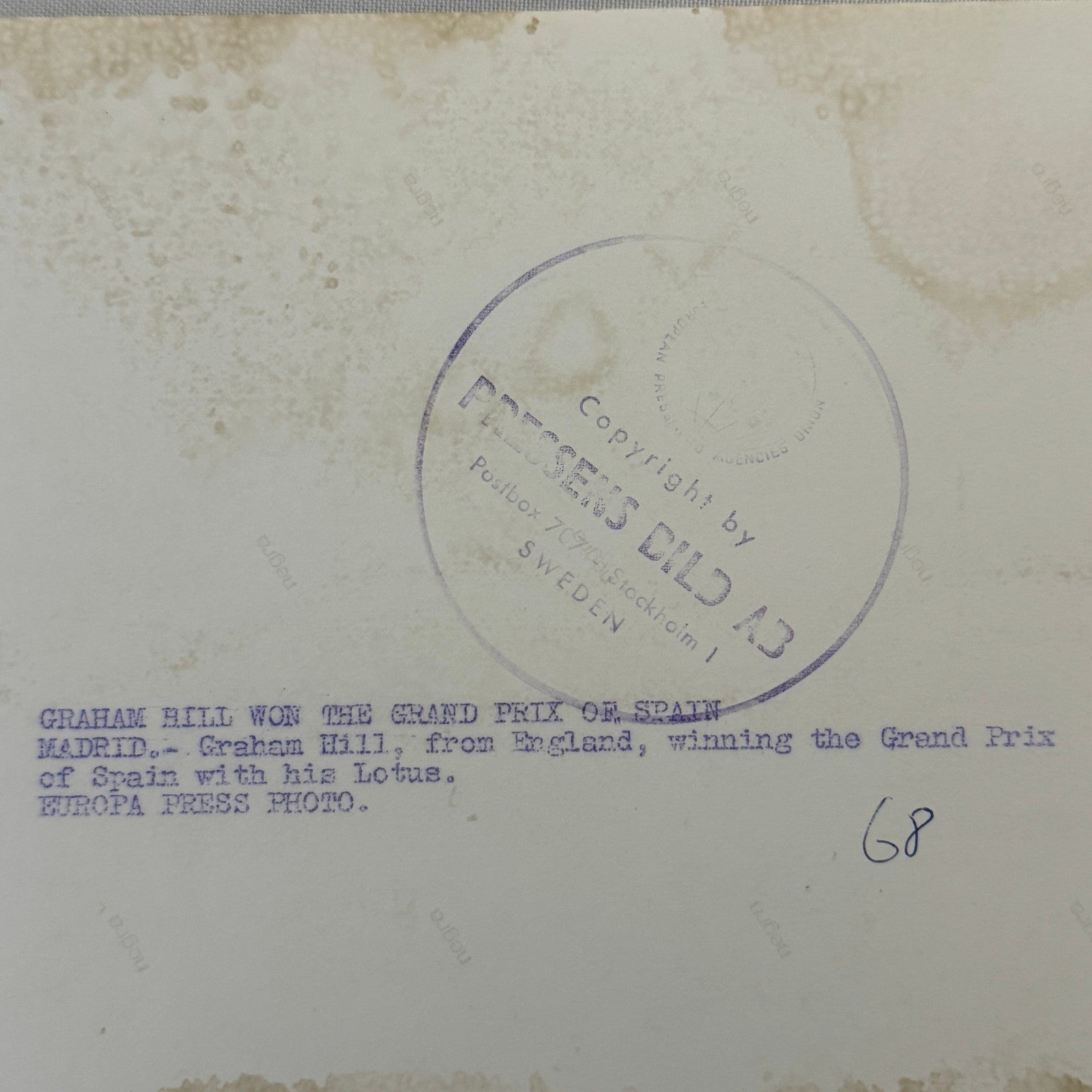 Vintage 1968 Racing Photo Graham Hill Spanish Grand Prix Win Press Photograph