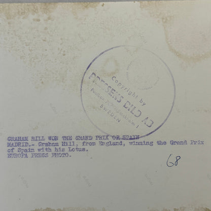 Vintage 1968 Racing Photo Graham Hill Spanish Grand Prix Win Press Photograph