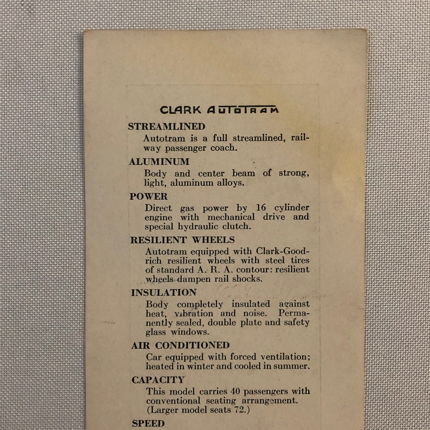 Vintage Clark Autotram Train Information Card  