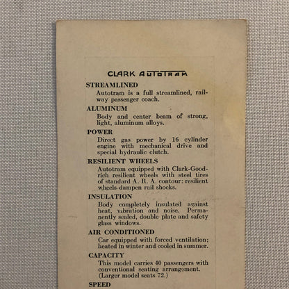 Vintage Clark Autotram Train Information Card  
