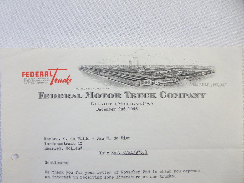 1946 Federal Motor Truck Company Letter Letterhead 