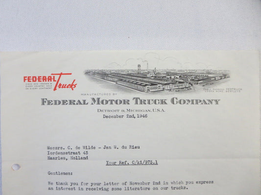 1946 Federal Motor Truck Company Letter Letterhead 
