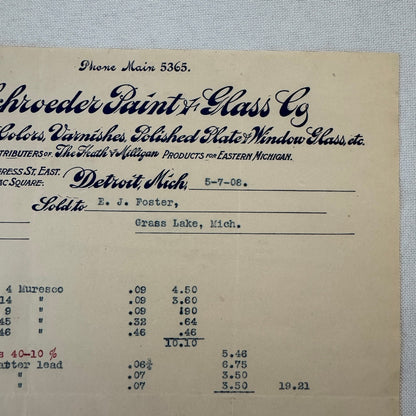 Schroeder Paint & Glass Company Detroit Michigan 1908 Receipt Document Lot 5x