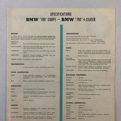 1960 1961 ? BMW 700 Sales Brochure 700 Sport Coupe & 700 4-Seater