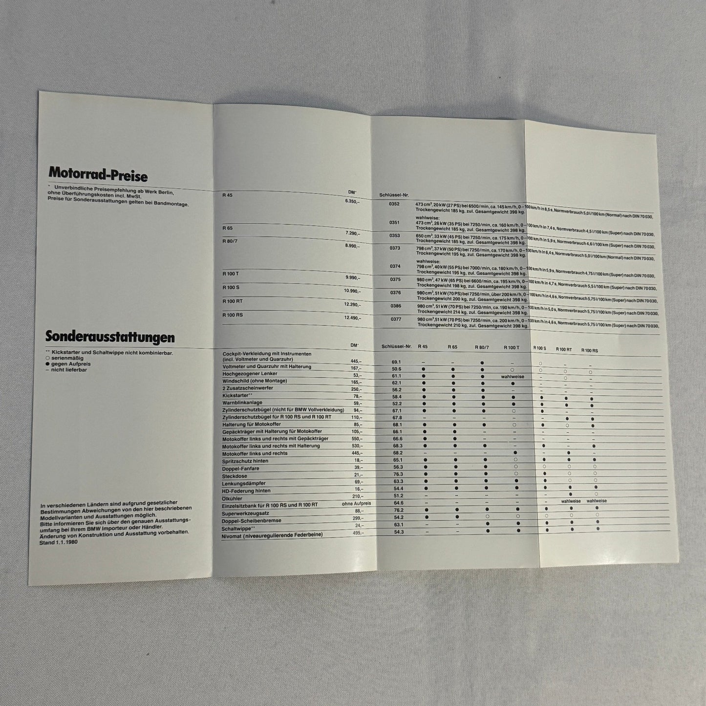 1980 BMW Motorcycle Price and Options Brochure Catalog R65 R100 R80 R45 GERMAN
