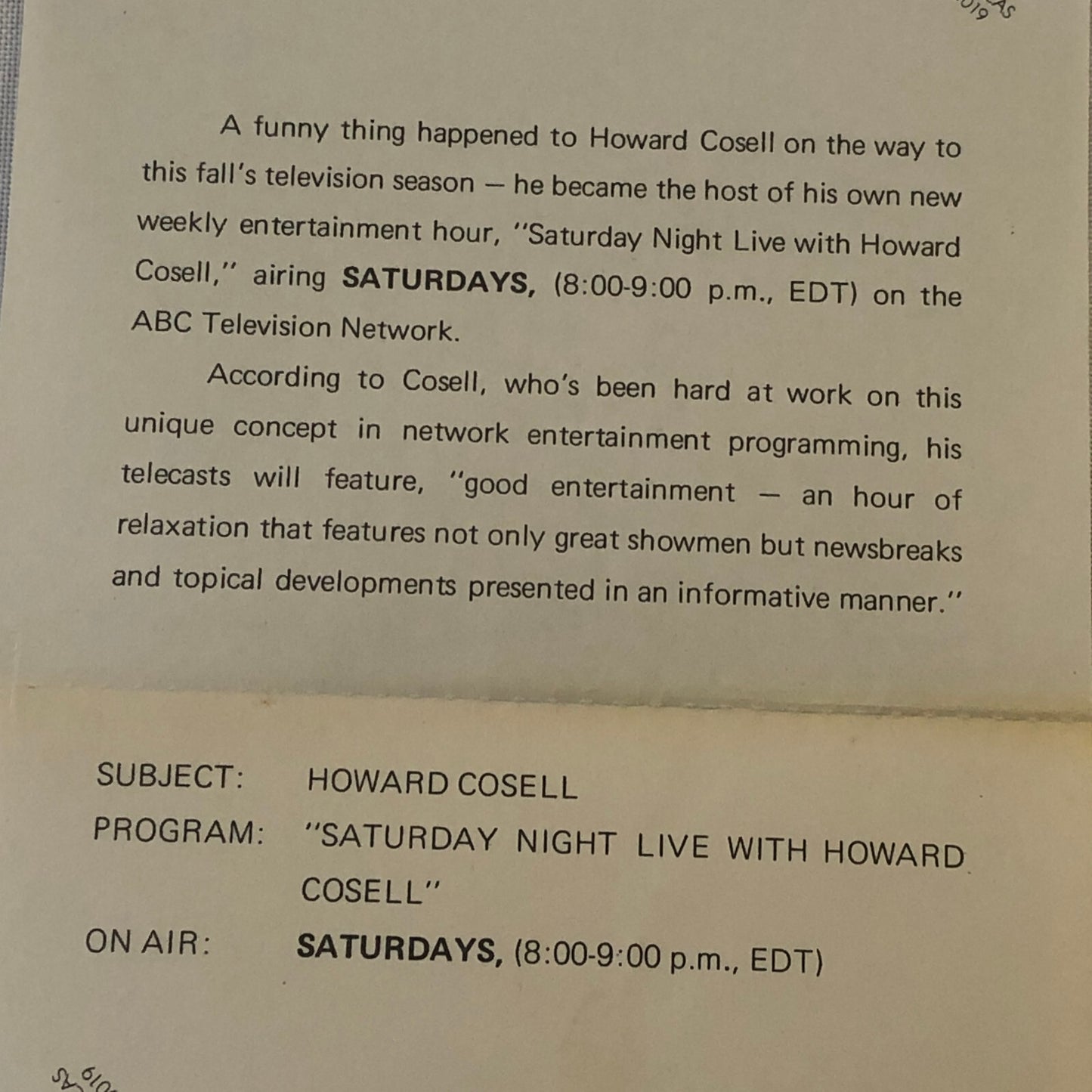 Saturday Night Live with Howard Cosell ABC Television Press Photo Photograph