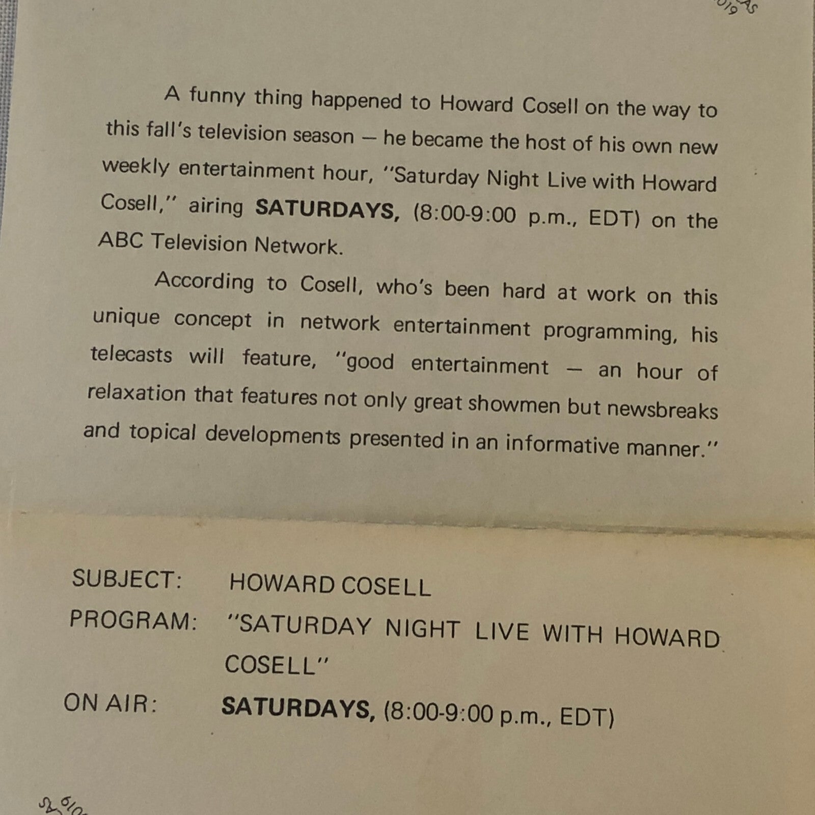 Saturday Night Live with Howard Cosell ABC Television Press Photo Photograph