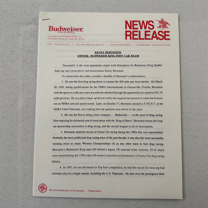 1993 Budweiser King Indy Car Racing Press Kit Roberto Guerrero