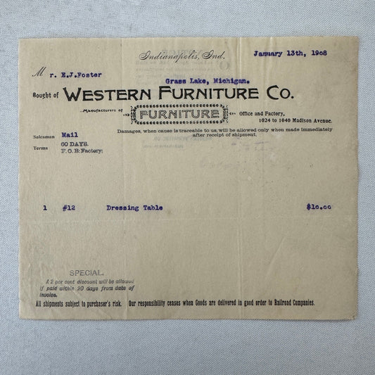 Western Furniture Company Receipt Invoice Document Letterhead 1908 Indianapolis