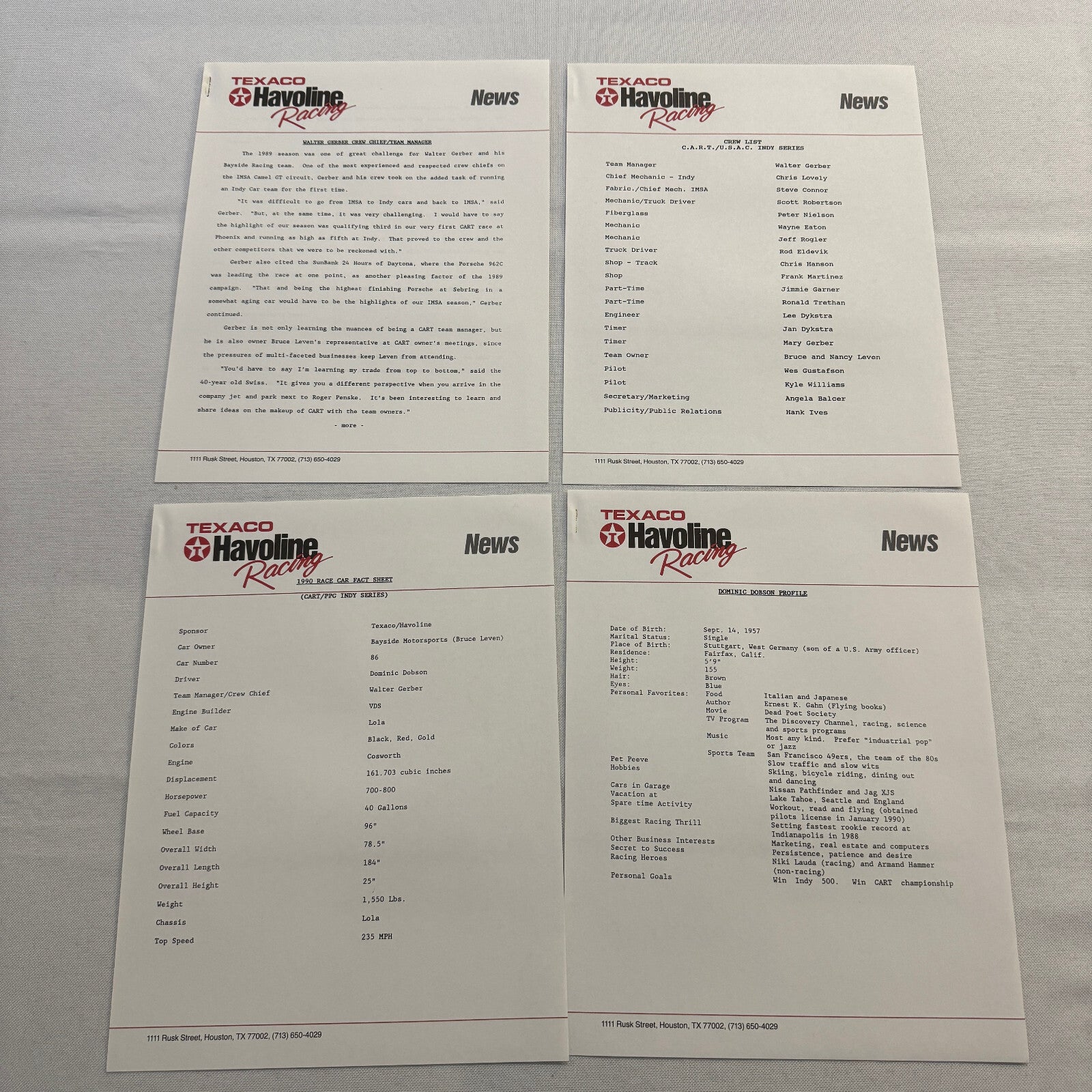 1990 Texaco Racing Team Indy CART Press Kit Brochure Photos Dominic Dobson