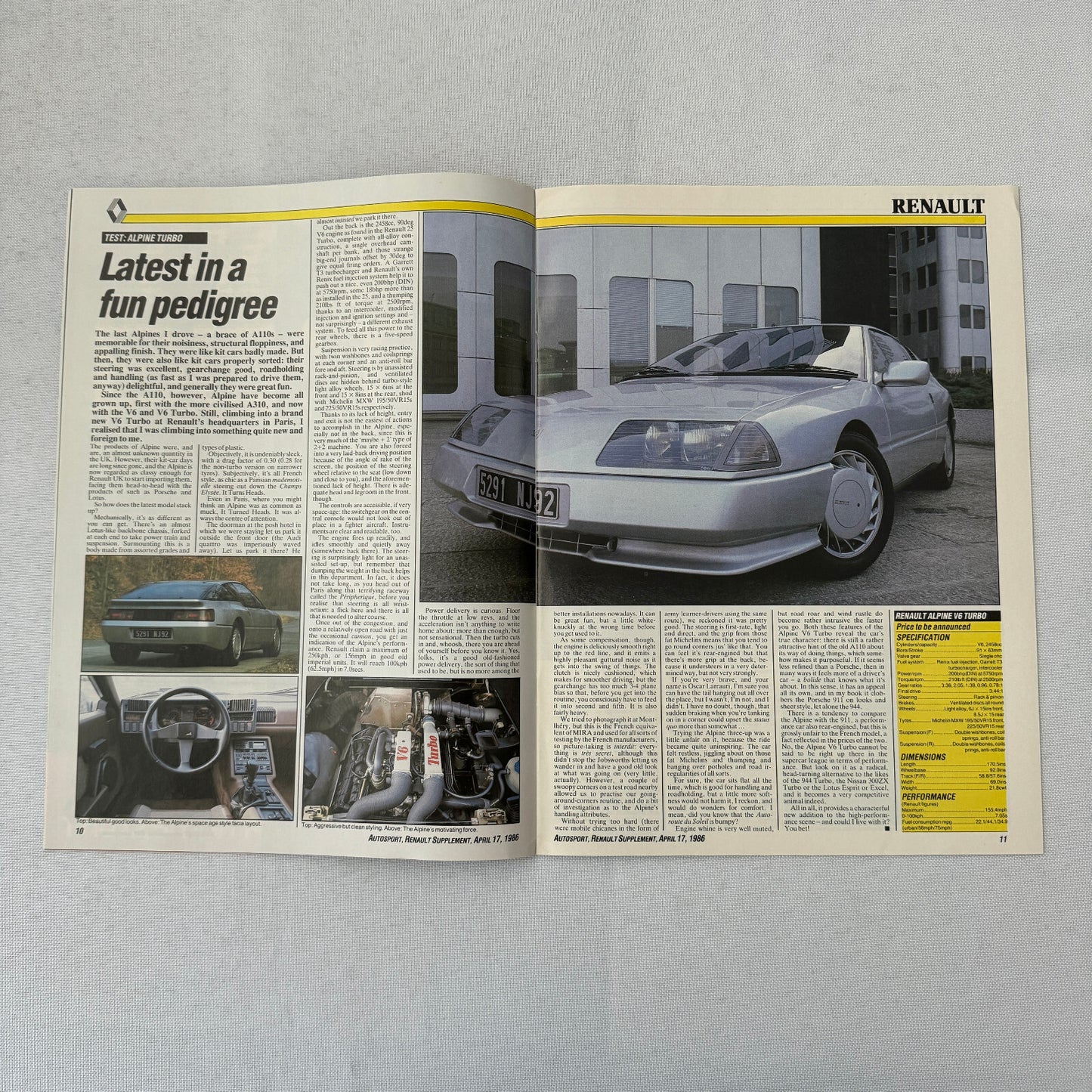 1986 Renault Racing Autosport Supplement Formula One F1 Renault 5GT Turbo ELF +