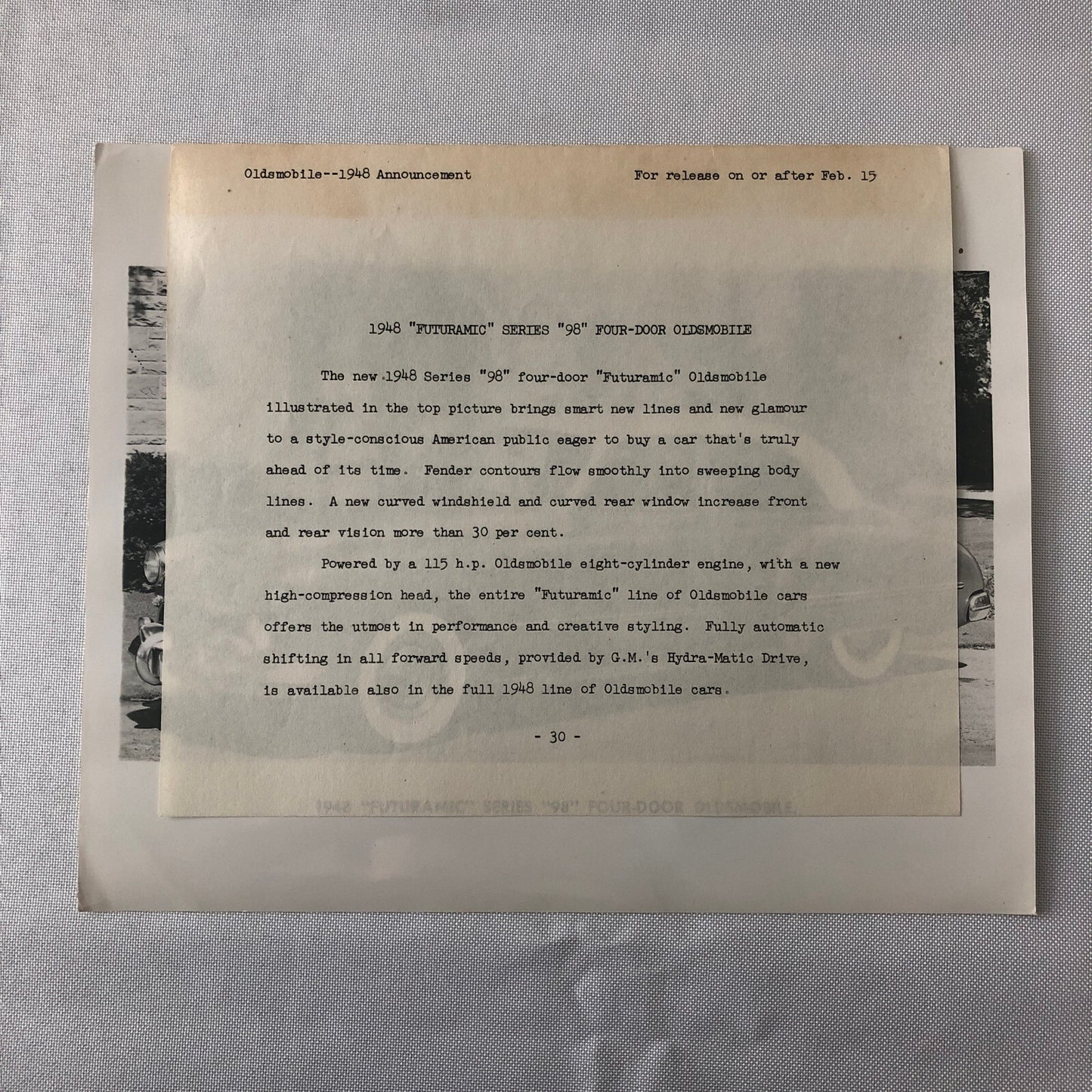 1948 Oldsmobile Series 98 Futuramic Sedan Factory Press Photo Photograph