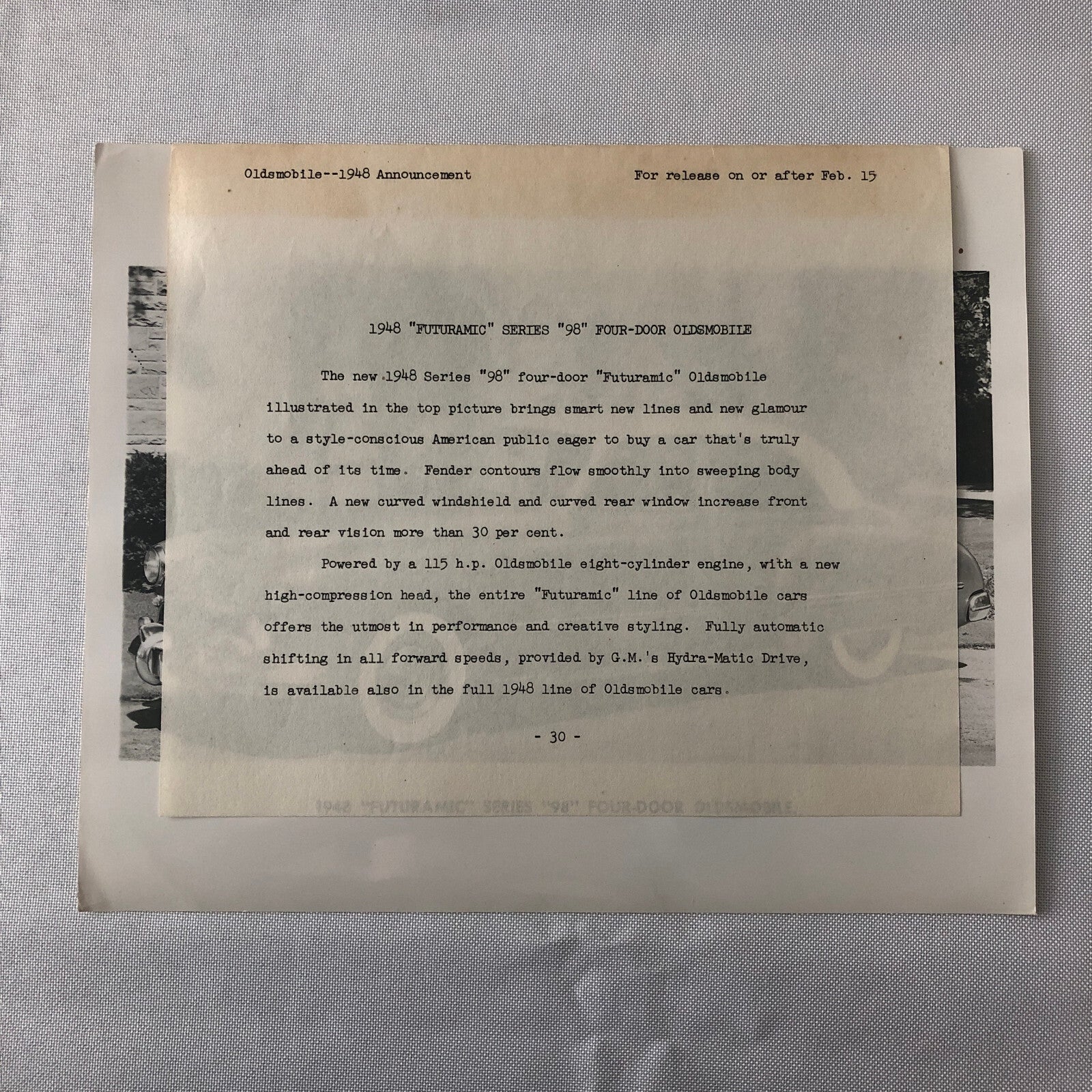 1948 Oldsmobile Series 98 Futuramic Sedan Factory Press Photo Photograph