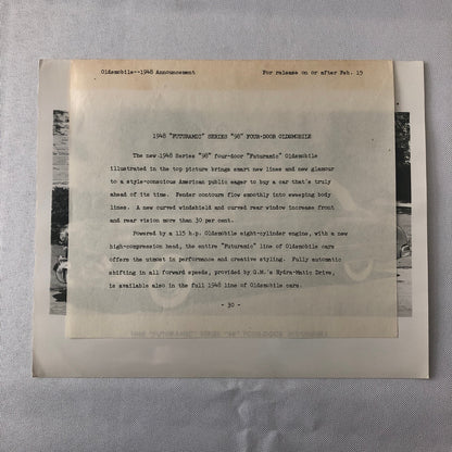 1948 Oldsmobile Series 98 Futuramic Sedan Factory Press Photo Photograph