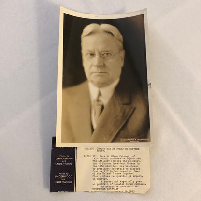 Press Photo Photograph Senator Hiram Johnson 1933 Underwood & Underwood