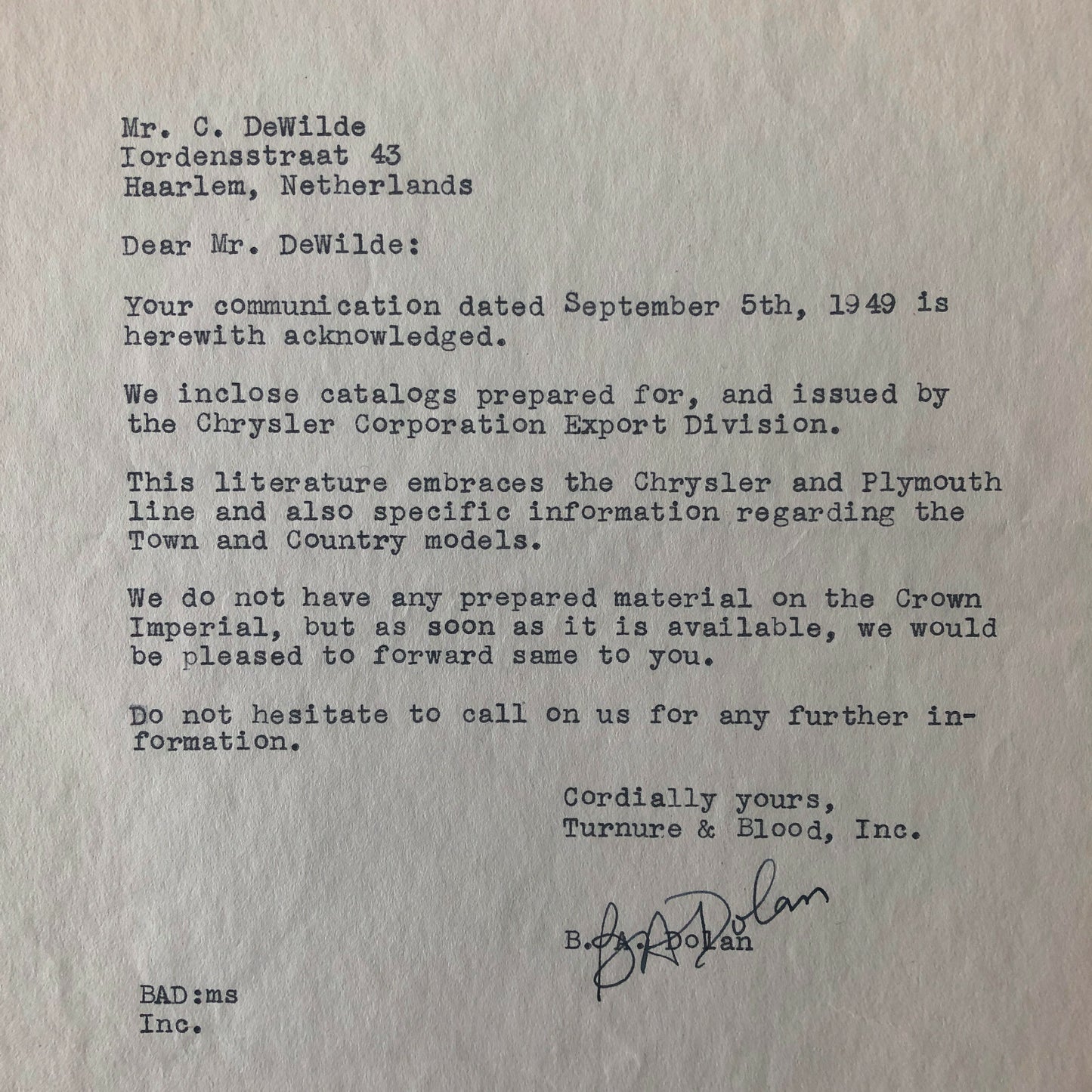 1949 Chrysler Plymouth Dealership Letter Turnure & Blood New York Letterhead